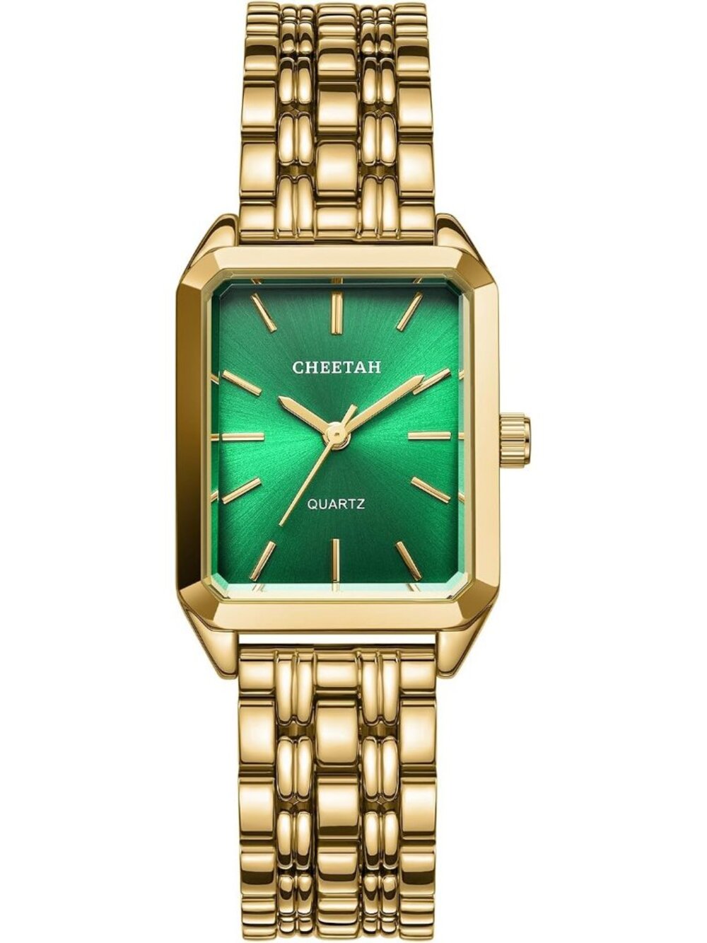 Women's Gold Green Retro Style Rectangular Case and Stainless Steel Band Watches